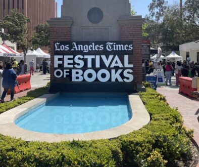 A fountain with the words "Los Angeles Times Festival of Books" over it.