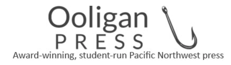 Text stating Ooligan Press Award-winning, student-run Pacific Northwest Press with a fish hook next to the text