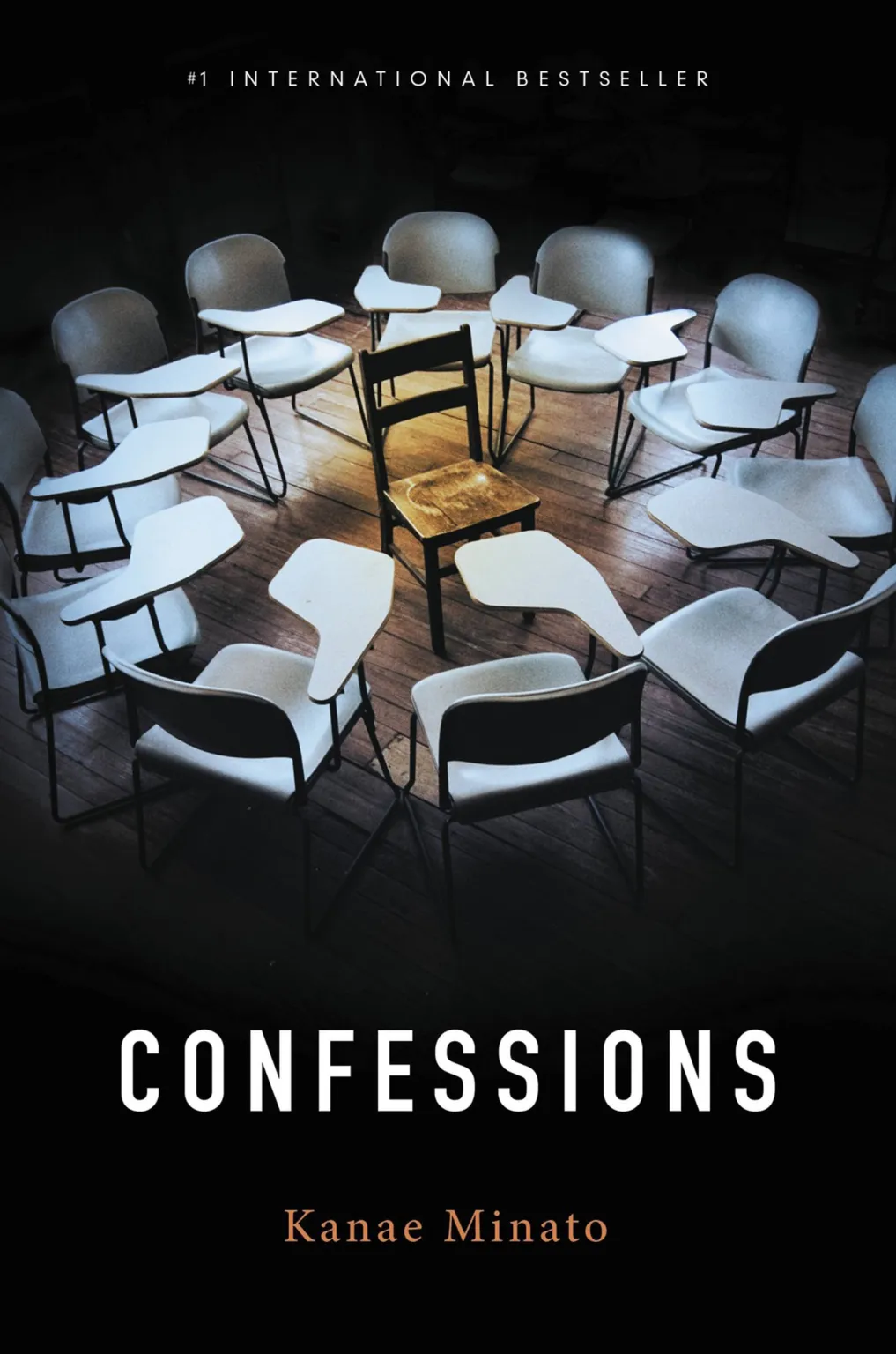 A single chair surrounded by white desks against a black background