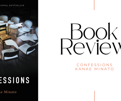 Book Review Confessions Kanae Minato with book cover on the right featuring a single chair surrounded by white desks on a black background